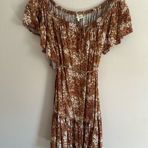 Neutral floral flowy dress with tassel ties